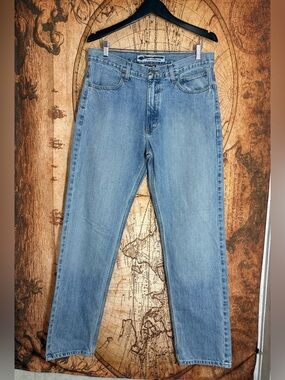 Harley Davidson Motorcycles Blue Jeans Mens 34x34 Straight Leg Black Patch EUC